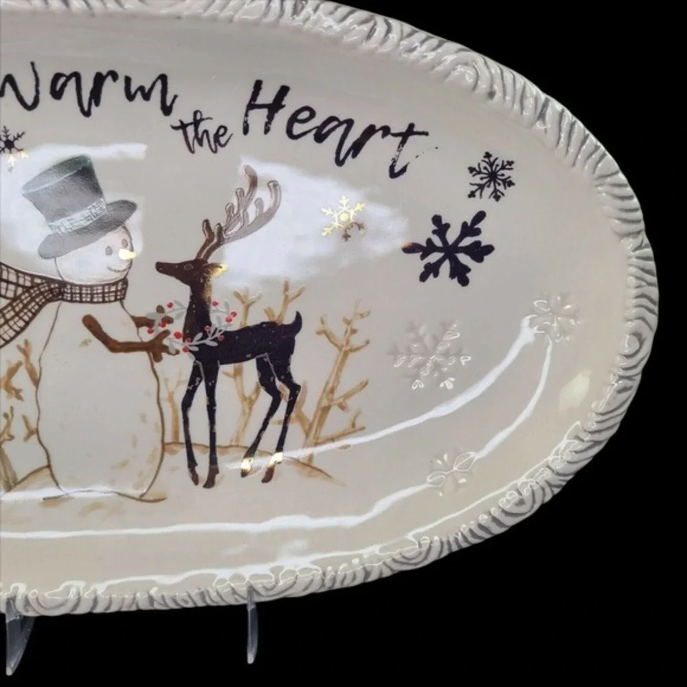 Fitz and Floyd Wintry Woods‎ Snowman Christmas 14 Inch Oval Serving Platter Tray
